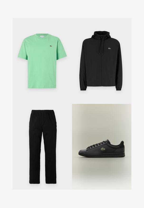 Črna jakna na zadrgo s kapuco, izdelana iz lahkega materiala. Ima elastične manšete in majhen zeleni logotip na levem prsnem delu.; Minta zelena bombažna majica s krojnim ovratnikom, kratkimi rokavi in majhnim vezenim logotipom na levem prsnem delu.; Črne hlače iz mešanice bombaža, s ravnim krojem, elastičnim pasom z gumbom in brez vidnih vzorcev ali akcentov.; Črn nizki usnjeni tekač s črnimi vezalkami, ki ima na strani zeleno krokodilovo ikono, postavljen na enotnem nevtralnem ozadju.