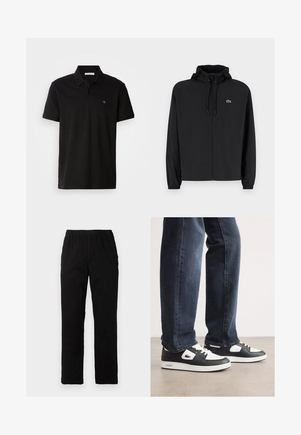 Juodas užtrauktukas striukė su gaubtu, pagaminta iš lengvos medžiagos. Savybės: elastiniai apykaklės ir mažas žalias logotipas kairėje krūtinės pusėje.; Juodas polo marškinėliai, pagaminti iš medvilnės, su klasikiniu apykaklės dizainu, trumpomis rankovėmis ir mažu žaliu ženklu kairėje pusėje. Kraštai kruopščiai apdirbti.; Juodi kelnės, pagamintos iš medvilnės mišinio, su tiesiomis kirpimo linijomis, elastingu liemeniu su mygtuku ir be aiškių raštų ar akcentų.; Juodos ir baltos Lacoste sportbačiai su tekstūruota odine viršutine dalimi, turi raištelių užsegimą ir baltą guminį pado. Avėti su tamsiomis džinsinėmis kelnėmis.
