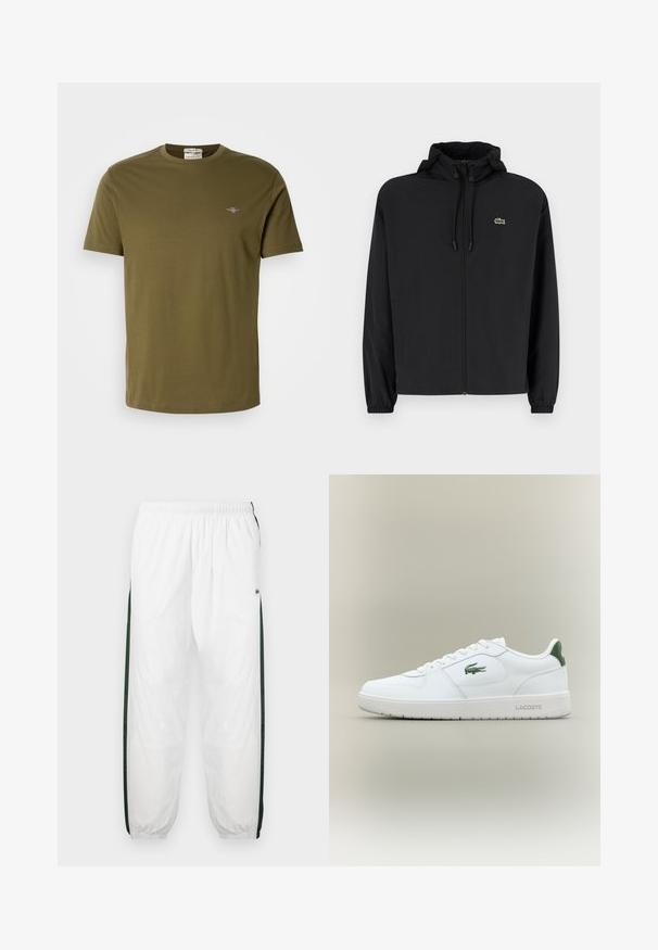 Črna jakna na zadrgo s kapuco, izdelana iz lahkega materiala. Ima elastične manšete in majhen zeleni logotip na levem prsnem delu.; Olivno zelena kratka majica z kratkimi rokavi iz bombaža, z okroglim ovratnikom in majhnim vezenim logotipom na prsih. Gladka tekstura.; Bela tekaška hlače s temno zelenimi stranskimi ploščami. Lahka material, elastični pas in prikrajšani robovi. Imajo mrežasto teksturo na stranskih ploščah.; Bela usnjena tenisačka obutev s gladko površino, z zelenimi poudarki na peti in zelenim logotipom ob strani. Ima ravno podplat in okroglo konico.