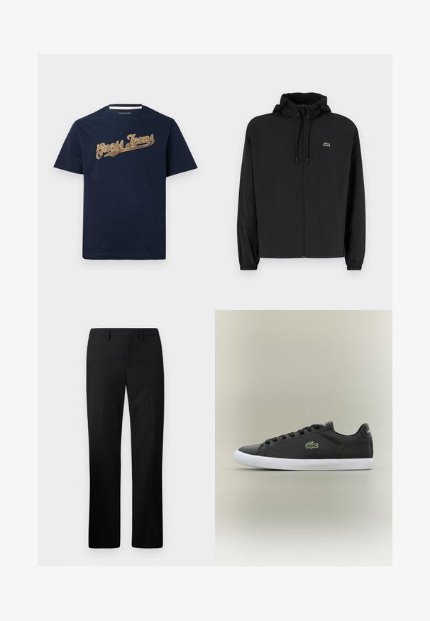 Black zip-up jacket with a hood, made of lightweight material. Features elastic cuffs and a small green logo on the left chest.; Navy blue cotton t-shirt with short sleeves, featuring a textured gold "Guess Jeans" logo across the chest. Crew neckline.; Black tailored trousers with a straight leg design, made from smooth fabric. Features include a flat front and mid-rise waistband.; Black leather sneakers with white rubber sole, featuring a green crocodile logo and round laces, sleek design with smooth texture.