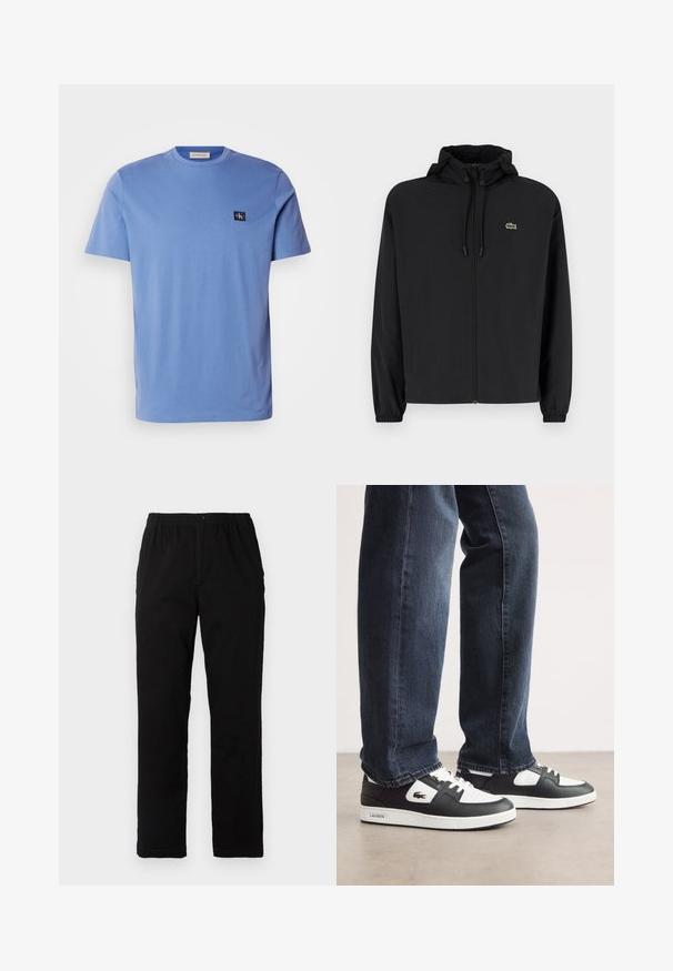 Melnas rāvējslēdzēja jakas ar kapuci, izgatavota no viegla materiāla. Ar elastīgām piedurknēm un mazu zaļu logo kreisajā krūtī.; Gaiši zils kokvilnas T-krekls ar īsām piedurknēm, apaļa kakla izgriezums, ar mazu tumši zilu logotipa uzšuvi kreisajā krūtī. Gluda tekstūra.; Melnas bikses no kokvilnas maisījuma auduma, ar taisnu griezumu, elastīgu jostasvietu ar pogu un bez redzamām rakstu vai akcentiem.; Melnbalti Lacoste sporta apavi ar teksturētu ādas augšdaļu, ar saistēm un baltu gumijas zoli. Nēsāti ar tumšām džinsām.