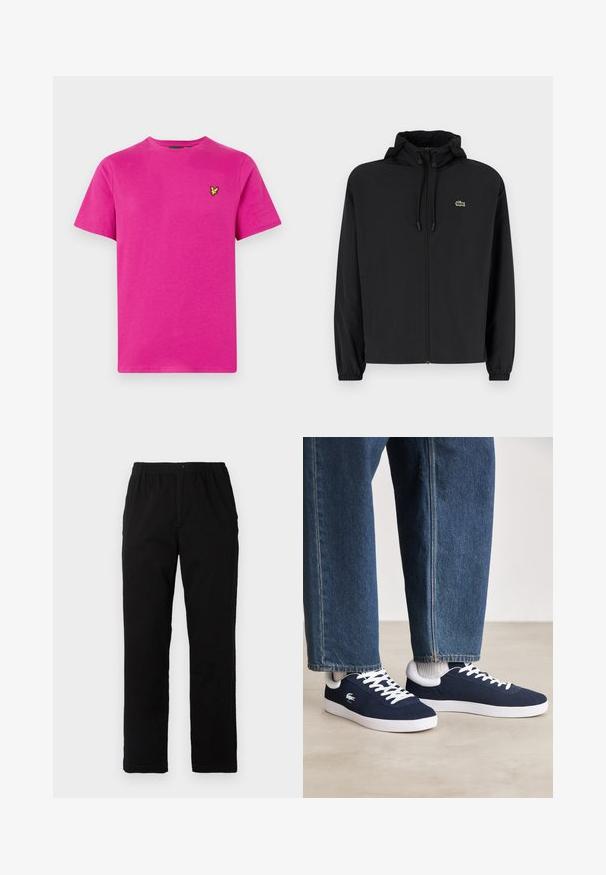 Svart zip-up jakke med hette, laget av lett materiale. Har elastiske mansjetter og en liten grønn logo på venstre bryst.; Rosa bomulls T-skjorte med rund hals og korte ermer. Har et lite gult brodert logo på venstre bryst. Glatt tekstur.; Sorte bukser laget av bomullsblandet stoff, med rett snitt, elastisk midjebånd med knapp, og uten synlige mønstre eller detaljer.; Blå kanvas sneakers med hvite snørebånd og gummisul, vist sammen med denimbukser og grå ribbestrikkede sokker, på en lys grå overflate.