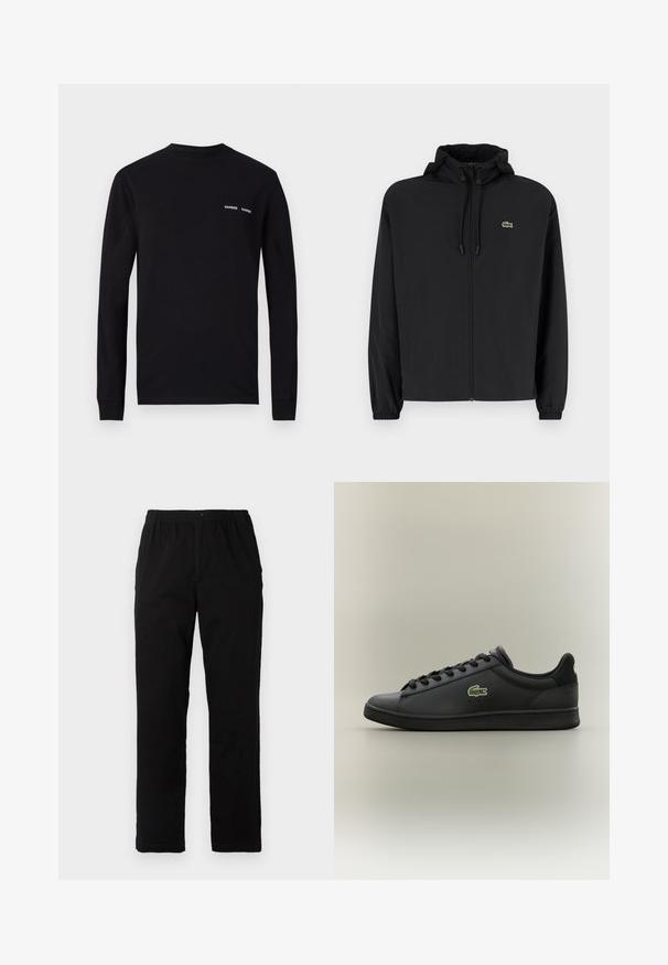 Črna jakna na zadrgo s kapuco, izdelana iz lahkega materiala. Ima elastične manšete in majhen zeleni logotip na levem prsnem delu.; Črna majica z dolgimi rokavi iz bombaža, z okroglim izrezom in dvema belima potiskoma logotipa "SAMSØE" na levem prsnem predelu.; Črne hlače iz mešanice bombaža, s ravnim krojem, elastičnim pasom z gumbom in brez vidnih vzorcev ali akcentov.; Črn nizki usnjeni tekač s črnimi vezalkami, ki ima na strani zeleno krokodilovo ikono, postavljen na enotnem nevtralnem ozadju.