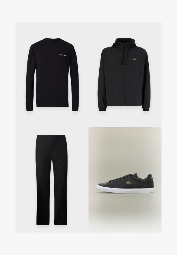 Casaco preto com fecho éclair e capuz, feito de material leve. Apresenta punhos elásticos e um pequeno logotipo verde no lado esquerdo do peito.; Camisola de manga longa preta, feita de algodão, com um decote redondo e impressões duplas do logótipo branco "SAMSØE" na área do peito esquerdo.; Calças pretas sob medida com um design de perna reta, feitas de um tecido suave. Inclui uma frente lisa e uma cintura de altura média.; Tênis de couro preto com sola de borracha branca, apresentando um logotipo de crocodilo verde e cadarços redondos, design elegante com textura suave.