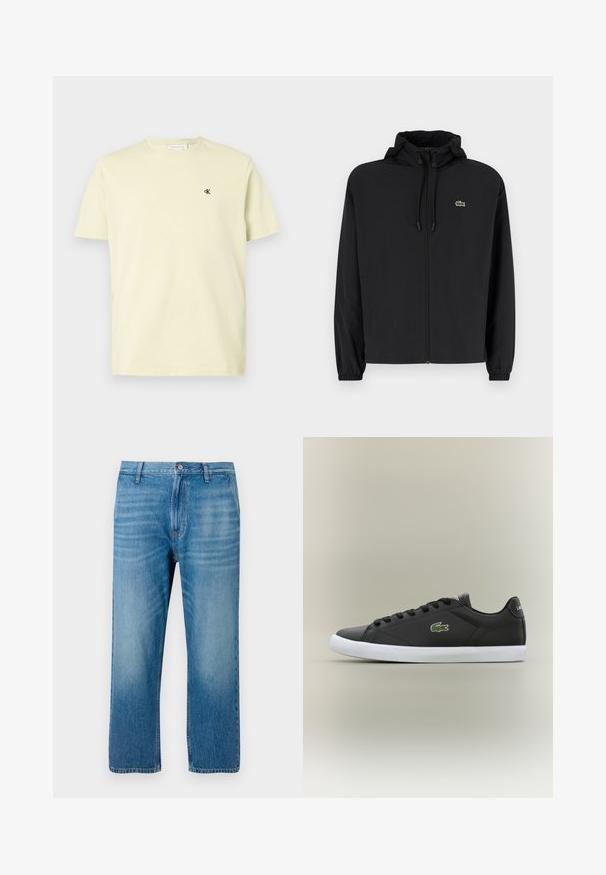 Zwarte zip-up jas met een capuchon, gemaakt van lichtgewicht materiaal. Heeft elastische manchetten en een klein groen logo op de linkerborst.; Lichtbeige kobalt met korte mouwen en ronde hals t-shirt met klein zwart "cK" logo op de linkerborst, weergegeven tegen een neutrale achtergrond.; Lichtblauwe denim jeans met een rechte pasvorm, vijf-pocket ontwerp, knoopsluiting en subtiele vervaging aan de voorkant. Geen zichtbare patronen.; Zwarte leren sneakers met een witte rubberen zool, voorzien van een groen krokodil logo en ronde veters, slank ontwerp met een gladde textuur.