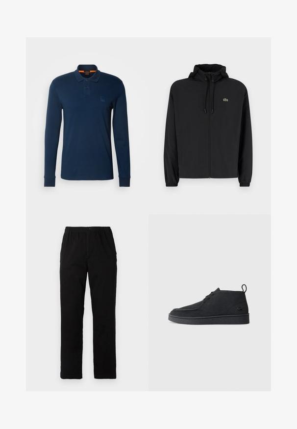 Black zip-up jacket with a hood, made of lightweight material. Features elastic cuffs and a small green logo on the left chest.; BOSS PASSERBY - Polo shirt - open blue; Black pants made of cotton blend fabric, featuring a straight cut, elastic waistband with button, and no visible patterns or accents.; Black suede lace-up ankle boot with pull tab and textured sole, featuring small embossed crocodile logo on the side.