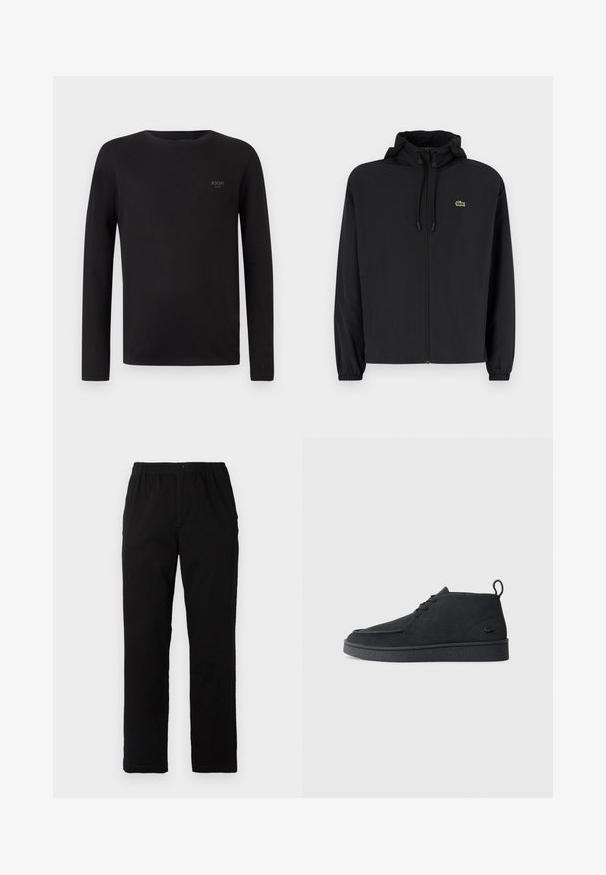 Mustmust jacket, millel näpsuga, kergest materjalist. Omab elastseid mansette ja väikest rohelist logo vasakul rinnal.; Must musta pikkade varrukatega T-särk, mis on valmistatud pehmest kangast, ümmarguse kaelusega ja väikese logoga vasakul ülalpool.; Mustad mustreid, puuvillast segakanga valmistatud mustad püksid, mis on sirge lõikega, elastse vöökoht ja nööp, ilma nähtavate mustrite või aktsentideta.; Must värvi sametist nööbitavad ankle-kingad tõmbluku ja tekstureeritud tallaga, millel on külgedel väike reljeefne krokodillilogo.