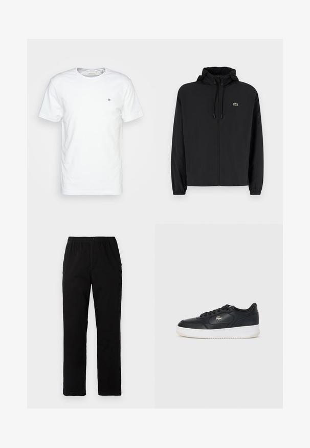 Zwarte zip-up jas met een capuchon, gemaakt van lichtgewicht materiaal. Heeft elastische manchetten en een klein groen logo op de linkerborst.; Witte katoenen T-shirt met ronde hals en korte mouwen, met een klein logo op de borst en een gladde, schone textuur.; Zwarte broek van een katoenmix, met een rechte snit, een elastische tailleband met knoop en zonder zichtbare patronen of accenten.; Zwarte leren sneakers met een witte zool, voorzien van een ronde neus, vetersluiting en een subtiel logo aan de zijkant. Geprofileerde bovenkant accenten.