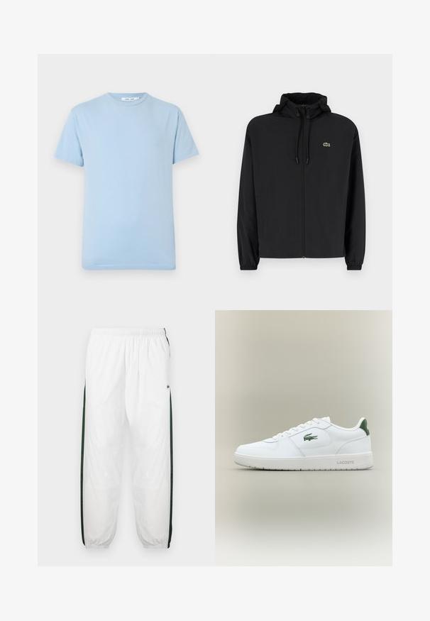 Zwarte zip-up jas met een capuchon, gemaakt van lichtgewicht materiaal. Heeft elastische manchetten en een klein groen logo op de linkerborst.; Lichtblauw T-shirt met korte mouwen van zachte katoen. Classieke ronde hals met een gladde textuur en zonder zichtbare patronen of accenten.; Witte trainingsbroek met donkergroene zijpanelen. Lichtgewicht materiaal, elastische tailleband en boordjes aan de onderkant. Heeft een meshstructuur op de zijpanelen.; Witte leren sneaker met een gladde afwerking, groene accenten op de hak en een groen logo aan de zijkant. Beschikt over een platte zool en een ronde neus.