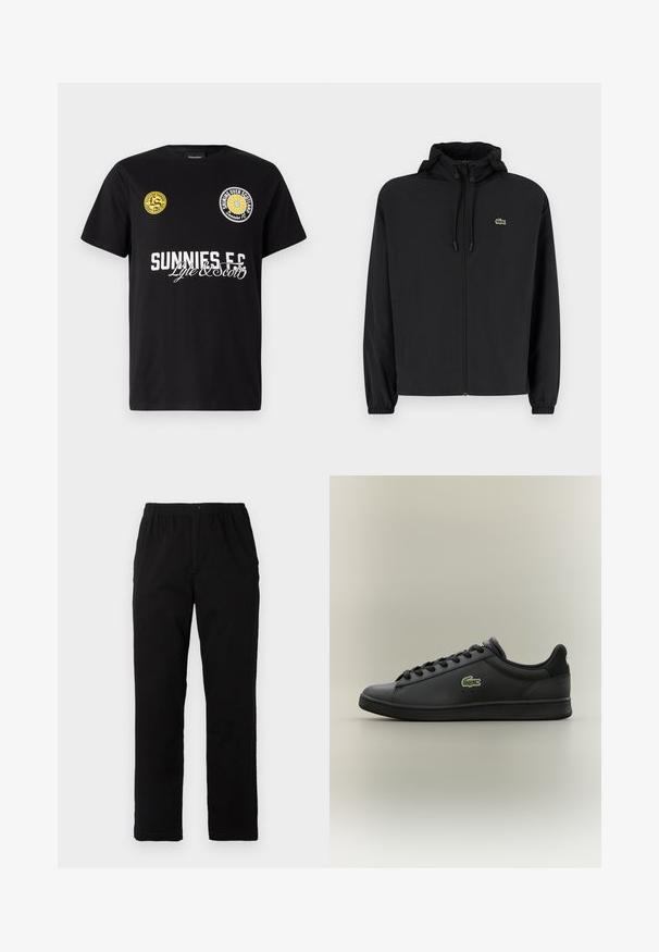 Casaco preto com fecho éclair e capuz, feito de material leve. Apresenta punhos elásticos e um pequeno logotipo verde no lado esquerdo do peito.; T-shirt de algodão preta com dois logótipos circulares no peito. "Sunnies FC" está impresso em letras brancas em negrito com acentos em itálico abaixo.; Calças pretas feitas de um tecido de algodão misto, com corte reto, cintura elástica com botão e sem padrões ou detalhes visíveis.; Sapatilha de couro preta de cano baixo com atacadores pretos, apresentando um logótipo de crocodilo verde na lateral, colocada sobre um fundo neutro simples.