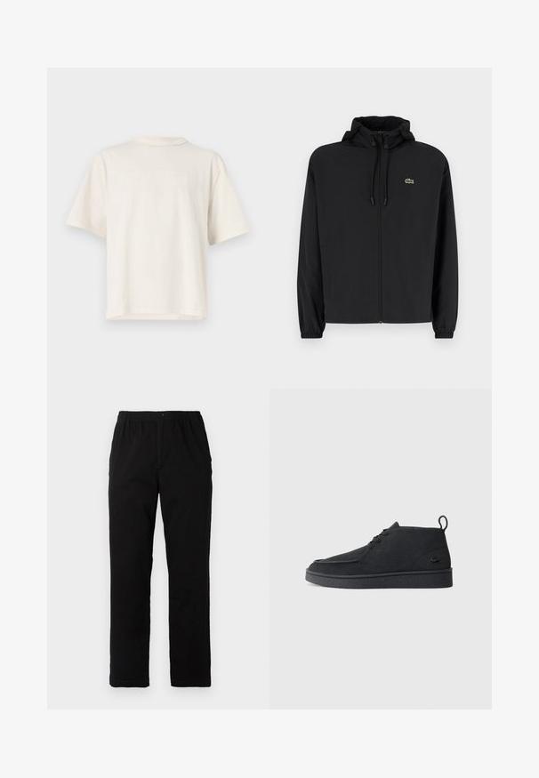 Svart zip-up jakke med hette, laget av lett materiale. Har elastiske mansjetter og en liten grønn logo på venstre bryst.; Kremfarget bomull t-skjorte med korte ermer, med en hevet logo "GUESS ORIGINALS" i midten. Rund hals, avslappet passform.; Sorte bukser laget av bomullsblandet stoff, med rett snitt, elastisk midjebånd med knapp, og uten synlige mønstre eller detaljer.; Svart semsket snøring ankelstøvel med drageløkke og teksturert såle, med en liten preget krokodillelogo på siden.