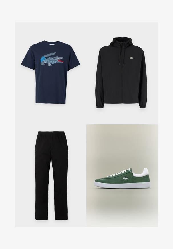 Casaco preto com fecho éclair e capuz, feito de material leve. Apresenta punhos elásticos e um pequeno logotipo verde no lado esquerdo do peito.; Lacoste T-shirt estampada - dark blue; Calças pretas feitas de um tecido de algodão misto, com corte reto, cintura elástica com botão e sem padrões ou detalhes visíveis.; Sapatilha verde em camurça de perfil baixo com atacadores brancos, sola branca, colarinho acolchoado e logotipo de crocodilo bordado com o texto "EST. 1933".