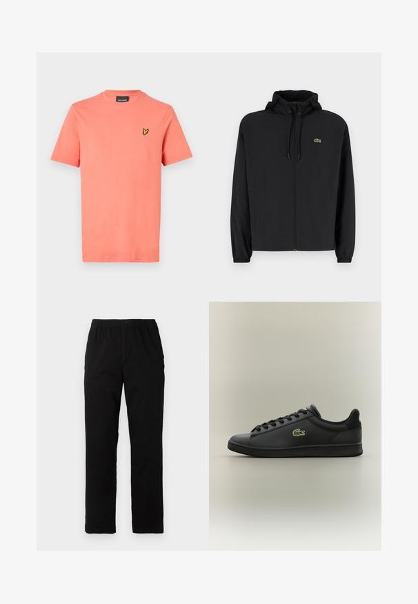 Svart zip-jacka med huva, tillverkad av lätt material. Har elastiska muddar och en liten grön logotyp på vänster bröst.; Korallfärgad t-shirt med kort ärm, tillverkad av mjuk bomull. Har en liten gul broderad logotyp på bröstet. Klassisk design med rund hals.; Svarta byxor i en blandning av bomull, med rak passform, elastisk midja med knapp och utan synliga mönster eller accenter.; Svart lågt skinnsneaker med svarta snören och en grön krokodil-logotyp på sidan, mot en enkel neutral bakgrund.