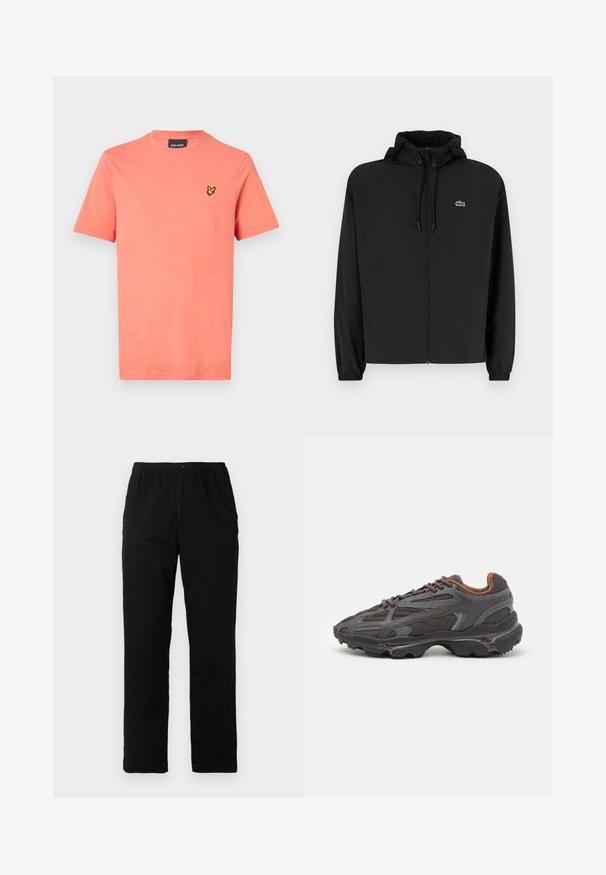 Fekete, kapucnis, cipzáras dzseki, könnyű anyagból készült. Rugalmas mandzsettákkal és egy kis zöld logóval rendelkezik a bal mellrészen.; Rózsaszín, rövid ujjú póló, puha pamutból készült. Az elülső részen egy kis sárga hímzett logó található. Klasszikus kerek nyakú fazon.; Fekete pamut keverék anyagú nadrág, egyenes szabású, rugalmas derékrésszel és gombbal, látható minták vagy díszítések nélkül.; Sötét szürke Lacoste sportcipők hálós és szintetikus anyagból, textúrázott talppal és barna díszítésekkel a nyak részen és a logón.