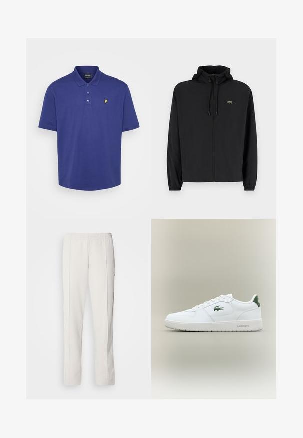 Zwarte zip-up jas met een capuchon, gemaakt van lichtgewicht materiaal. Heeft elastische manchetten en een klein groen logo op de linkerborst.; Navyblauwe polo gemaakt van katoen. Bevat een kraag, een placket met drie knopen en een klein geel logo op de borst. Korte mouwen.; Lacoste Trainingsbroek - hammam; Witte leren sneaker met een gladde afwerking, groene accenten op de hak en een groen logo aan de zijkant. Beschikt over een platte zool en een ronde neus.
