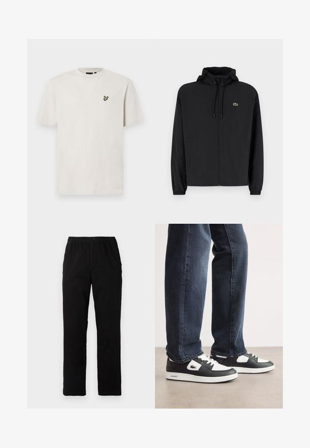Melnas rāvējslēdzēja jakas ar kapuci, izgatavota no viegla materiāla. Ar elastīgām piedurknēm un mazu zaļu logo kreisajā krūtī.; Gai bēšas kokvilnas T-kreklis ar apaļu kakla izgriezumu un īsām piedurknēm, uz kreisās krūts daļas ar mazu izšūtu putna logo.; Melnas bikses no kokvilnas maisījuma auduma, ar taisnu griezumu, elastīgu jostasvietu ar pogu un bez redzamām rakstu vai akcentiem.; Melnbalti Lacoste sporta apavi ar teksturētu ādas augšdaļu, ar saistēm un baltu gumijas zoli. Nēsāti ar tumšām džinsām.