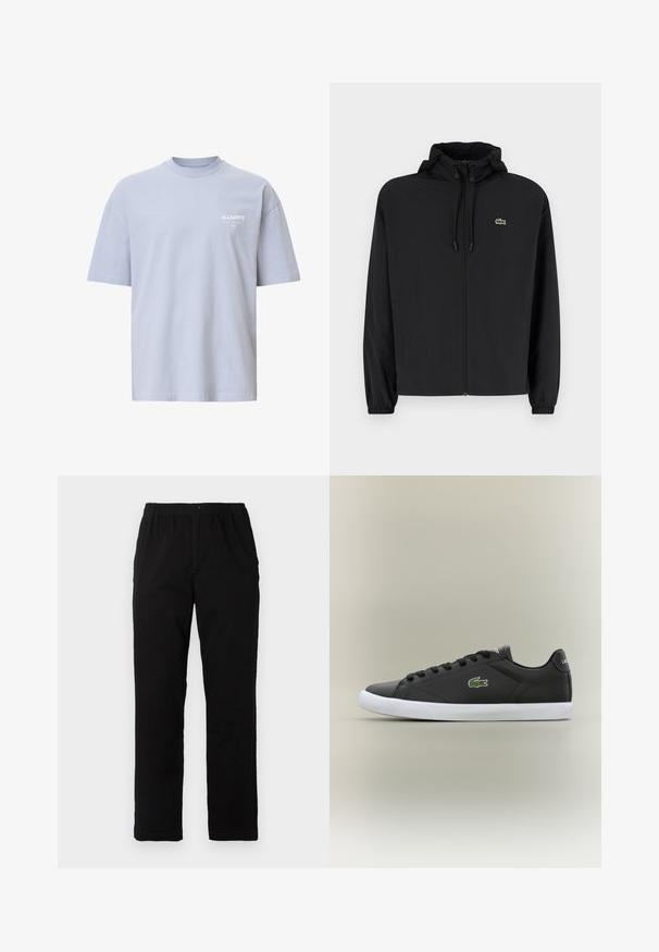 Casaco preto com fecho éclair e capuz, feito de material leve. Apresenta punhos elásticos e um pequeno logotipo verde no lado esquerdo do peito.; T-shirt de algodão azul claro com gola redonda, mangas curtas e um pequeno logotipo branco no peito. Apresenta um corte descontraído e um design simples.; Calças pretas feitas de um tecido de algodão misto, com corte reto, cintura elástica com botão e sem padrões ou detalhes visíveis.; Tênis de couro preto com sola de borracha branca, apresentando um logotipo de crocodilo verde e cadarços redondos, design elegante com textura suave.