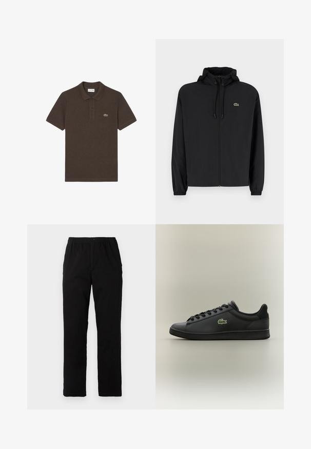 Svart zip-jacka med huva, tillverkad av lätt material. Har elastiska muddar och en liten grön logotyp på vänster bröst.; Brun polo t-shirt med krage, med två framknappar och en grön broderad krokodil-logga på vänster bröst.; Svarta byxor i en blandning av bomull, med rak passform, elastisk midja med knapp och utan synliga mönster eller accenter.; Svart lågt skinnsneaker med svarta snören och en grön krokodil-logotyp på sidan, mot en enkel neutral bakgrund.