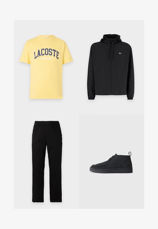 Casaco preto com fecho éclair e capuz, feito de material leve. Apresenta punhos elásticos e um pequeno logotipo verde no lado esquerdo do peito.; T-shirt de algodão amarelo com o logo azul-marinho "LACOSTE" e o texto "SPORTSWEAR" abaixo. Design simples de gola redonda com mangas curtas.; Calças pretas feitas de um tecido de algodão misto, com corte reto, cintura elástica com botão e sem padrões ou detalhes visíveis.; Botim de tornozelo em camurça preta, com atacadores, aba na parte traseira e sola texturizada, apresentando um pequeno logótipo de crocodilo em relevo na lateral.