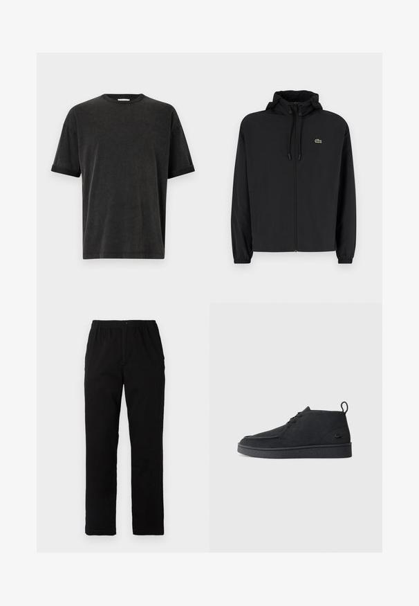 Svart zip-up jakke med hette, laget av lett materiale. Har elastiske mansjetter og en liten grønn logo på venstre bryst.; Svart t-skjorte med korte ermer, rund hals, avslappet passform og oppbrettede ermer. Laget av myk bomullsstoff med en lett tekstur.; Sorte bukser laget av bomullsblandet stoff, med rett snitt, elastisk midjebånd med knapp, og uten synlige mønstre eller detaljer.; Svart semsket snøring ankelstøvel med drageløkke og teksturert såle, med en liten preget krokodillelogo på siden.