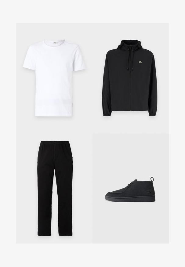 Juodas užtrauktukas striukė su gaubtu, pagaminta iš lengvos medžiagos. Savybės: elastiniai apykaklės ir mažas žalias logotipas kairėje krūtinės pusėje.; Balta trumpomis rankovėmis marškinėliai pagaminti iš medvilnės, su apvalia iškirpte ir maženiu logotipo ženkleliu šone. Lygus paviršius ir klasikinė forma.; Juodi kelnės, pagamintos iš medvilnės mišinio, su tiesiomis kirpimo linijomis, elastingu liemeniu su mygtuku ir be aiškių raštų ar akcentų.; Juodas zomšinės odo aulinukas su raišteliais, turintis traukimą ir tekstūruotą pado dalį, su mažuoju įspaustu krokodilo logotipu šone.