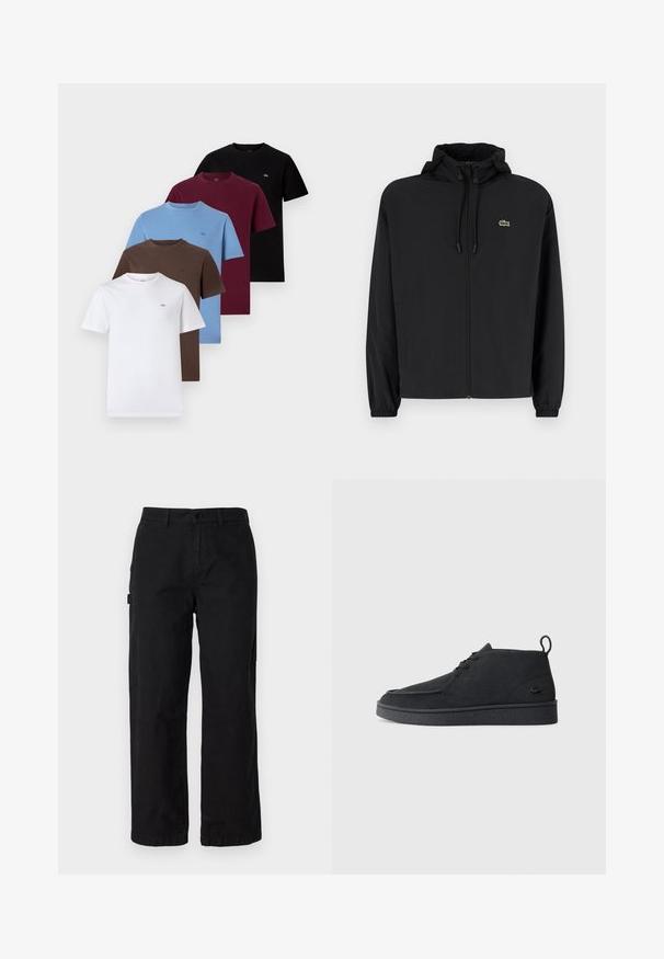 Fekete, kapucnis, cipzáras dzseki, könnyű anyagból készült. Rugalmas mandzsettákkal és egy kis zöld logóval rendelkezik a bal mellrészen.; Öt rövid ujjú póló fehér, barna, kék, bordó és fekete színben. Pamut anyagból készült, kerek nyakkivágású, mindegyiken kis logó részletek találhatóak.; Fekete pamut cargo nadrág egyenes lábvonallal, oldalzsebekkel és elülső gombos záródással. Tartós anyag, sima textúrával.; Fekete velúr, fűzős bokacsizma, húzófüllel és texturált talppal, oldalt kis, dombornyomott krokodil logóval.