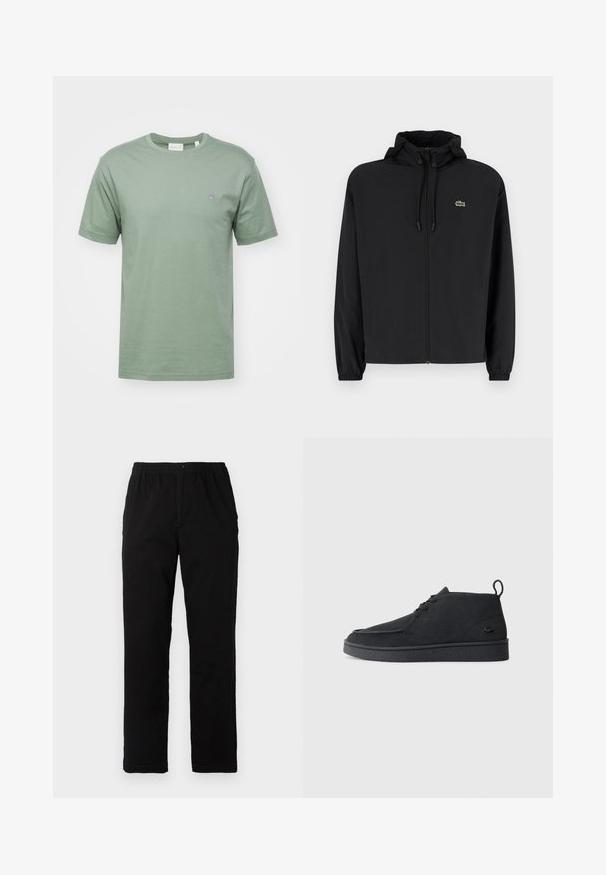 Chaqueta negra con cremallera y capucha, hecha de material ligero. Cuenta con puños elásticos y un pequeño logo verde en el lado izquierdo del pecho.; GANT SHIELD - Camiseta básica - dry green; Pantalones negros de tejido de mezcla de algodón, con corte recto, cintura elástica con botón y sin patrones o acentos visibles.; Botines de ante negros con cordones, tirador en la parte trasera y suela texturizada, que presentan un pequeño logo de cocodrilo en relieve en el lateral.