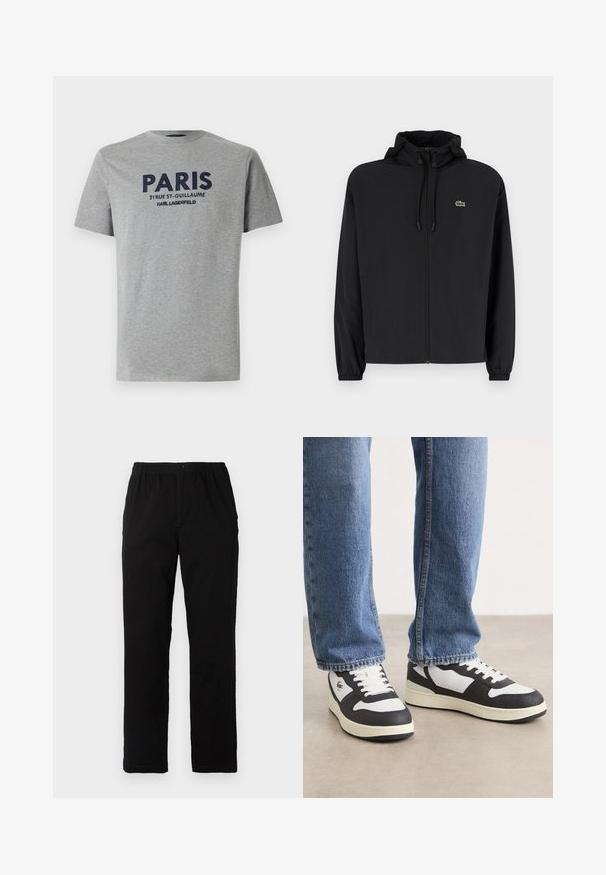 Svart zip-up jakke med hette, laget av lett materiale. Har elastiske mansjetter og en liten grønn logo på venstre bryst.; Grå bomull T-skjorte med korte ermer, med brodert marineblå tekst: "PARIS 21 RUE ST-GUILLAUME KARL LAGERFELD" foran.; Sorte bukser laget av bomullsblandet stoff, med rett snitt, elastisk midjebånd med knapp, og uten synlige mønstre eller detaljer.; Svart-hvite lave sneakers med teksturert overdel, perforert tå, hvite snørebånd og en kremfarget såle.