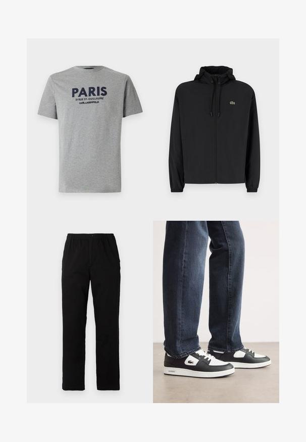 Musta vetoketjullinen takki, jossa on huppu, valmistettu kevyestä materiaalista. Ominaisuuksiin kuuluu joustavat hihansuut ja pieni vihreä logo vasemmassa rinnassa.; Harmaa puuvillainen t-paita lyhyillä hihoilla, jossa on edessä brodeerattu tummansininen teksti: "PARIS 21 RUE ST-GUILLAUME KARL LAGERFELD".; Mustat housut, jotka on valmistettu puuvilla-sekoitekankaasta, suoran mallin, joustavan vyötärönauhan ja napin kanssa, ilman näkyviä kuvioita tai yksityiskohtia.; Mustat ja valkoiset Lacoste-tennarit, joissa on teksturoitu nahkapinta, nauhakiinnitys ja valkoinen kumipohja. Yhdistetty tummiin farkkuihin.