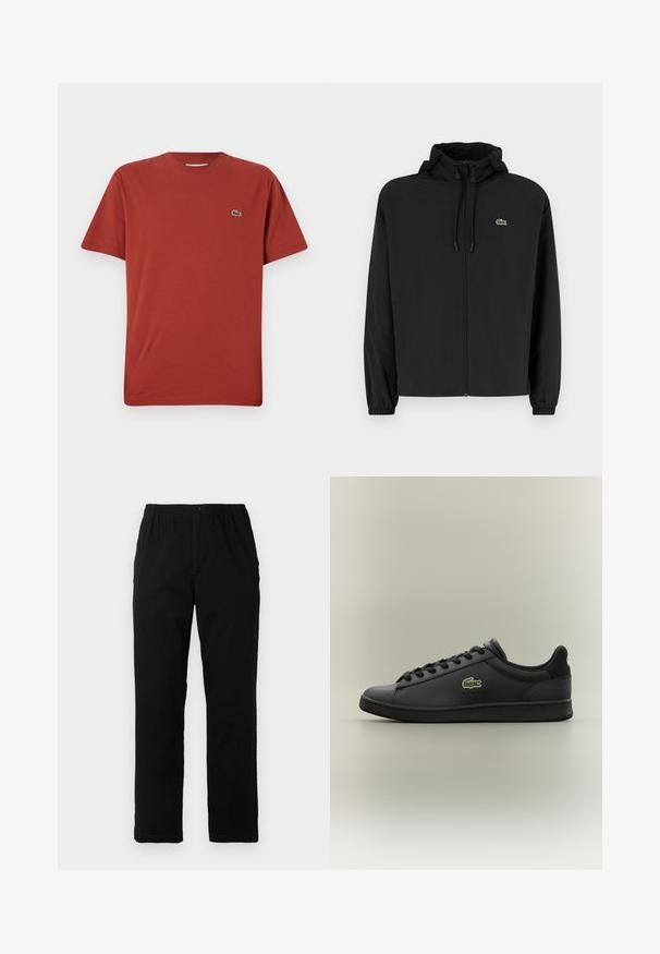 Černá zipová bunda s kapucí, vyrobená z lehkého materiálu. Má elastické manžety a malé zelené logo na levé hrudi.; Červená bavlněná tričko s kulatým výstřihem a krátkými rukávy, se malým zeleným logem krokodýla na levé části hrudi. Hladká textura.; Černé kalhoty vyrobené z bavlněné směsi, s rovný střih, elastickým pasem s knoflíkem a bez viditelných vzorů či akcentů.; Černé nízké kožené tenisky s černými tkaničkami, na boku s zeleným logo krokodýla, umístěné na jednobarevném neutrálním pozadí.