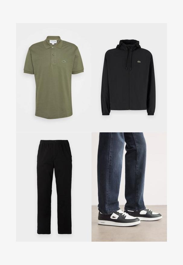 Musta vetoketjullinen takki, jossa on huppu, valmistettu kevyestä materiaalista. Ominaisuuksiin kuuluu joustavat hihansuut ja pieni vihreä logo vasemmassa rinnassa.; Oliivivihreä polo-paita, lyhyet hihat, kaksinappinen kaulus, ribbaattu kaulus, jossa on brodeerattu Lacoste-logo vasemmassa rinnassa. Puuvillamateriaali.; Mustat housut, jotka on valmistettu puuvilla-sekoitekankaasta, suoran mallin, joustavan vyötärönauhan ja napin kanssa, ilman näkyviä kuvioita tai yksityiskohtia.; Mustat ja valkoiset Lacoste-tennarit, joissa on teksturoitu nahkapinta, nauhakiinnitys ja valkoinen kumipohja. Yhdistetty tummiin farkkuihin.
