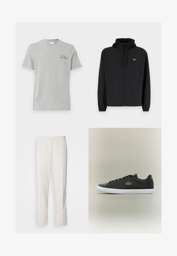 Svart zip-jacka med huva, tillverkad av lätt material. Har elastiska muddar och en liten grön logotyp på vänster bröst.; Grå bomullströja med rund hals, korta ärmar och en liten svart tryckt logotyp på vänster sida av framsidan. Mjuk textur och normal passform.; Lacoste Träningsbyxor - hammam; Svarta lädersneakers med vit gummisula, med en grön krokodil-logotyp och runda snörningar, slankt design med slät textur.