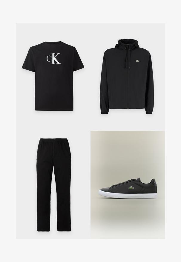 Crna jakna na zip s kapuljačom, izrađena od laganog materijala. Ima elastične manžete i mali zeleni logotip na lijevoj strani prsnog koša.; Crna pamučna majica s srebrnim "ck" logotipom na prednjoj strani. Kratki rukavi i okrugli izrez s regularnom krojem.; Crne hlače od pamuka s dodatkom, ravnog kroja, s elastičnim pojasom i dugmetom, bez vidljivih uzoraka ili ukrasa.; Crne kožne tenisice s bijelim gumenim potplatom, s zelenim krokodilom kao logotipom i okruglim vezicama, elegantnog dizajna s glatkom teksturom.