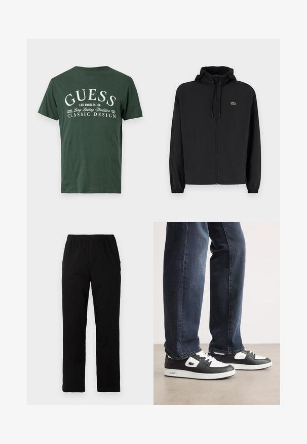 Juodas užtrauktukas striukė su gaubtu, pagaminta iš lengvos medžiagos. Savybės: elastiniai apykaklės ir mažas žalias logotipas kairėje krūtinės pusėje.; Tamsiai žalia medvilninė marškinėliai su trumpomis rankovėmis, ant kurių yra baltai spausdintas tekstas: "GUESS LOS ANGELES, CA, KLASIKINIS DIZAINAS." Paprastas apvalus iškirpimas.; Juodi kelnės, pagamintos iš medvilnės mišinio, su tiesiomis kirpimo linijomis, elastingu liemeniu su mygtuku ir be aiškių raštų ar akcentų.; Juodos ir baltos Lacoste sportbačiai su tekstūruota odine viršutine dalimi, turi raištelių užsegimą ir baltą guminį pado. Avėti su tamsiomis džinsinėmis kelnėmis.