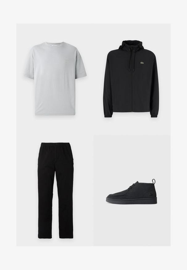 Mustmust jacket, millel näpsuga, kergest materjalist. Omab elastseid mansette ja väikest rohelist logo vasakul rinnal.; Hall hall t-särk, millel on lõdvenenud lõige, lühikesed varrukad ja väike kollane tekstidetail ees. Pehme tekstuur ja klassikaline ümar kaelus.; Mustad mustreid, puuvillast segakanga valmistatud mustad püksid, mis on sirge lõikega, elastse vöökoht ja nööp, ilma nähtavate mustrite või aktsentideta.; Must värvi sametist nööbitavad ankle-kingad tõmbluku ja tekstureeritud tallaga, millel on külgedel väike reljeefne krokodillilogo.