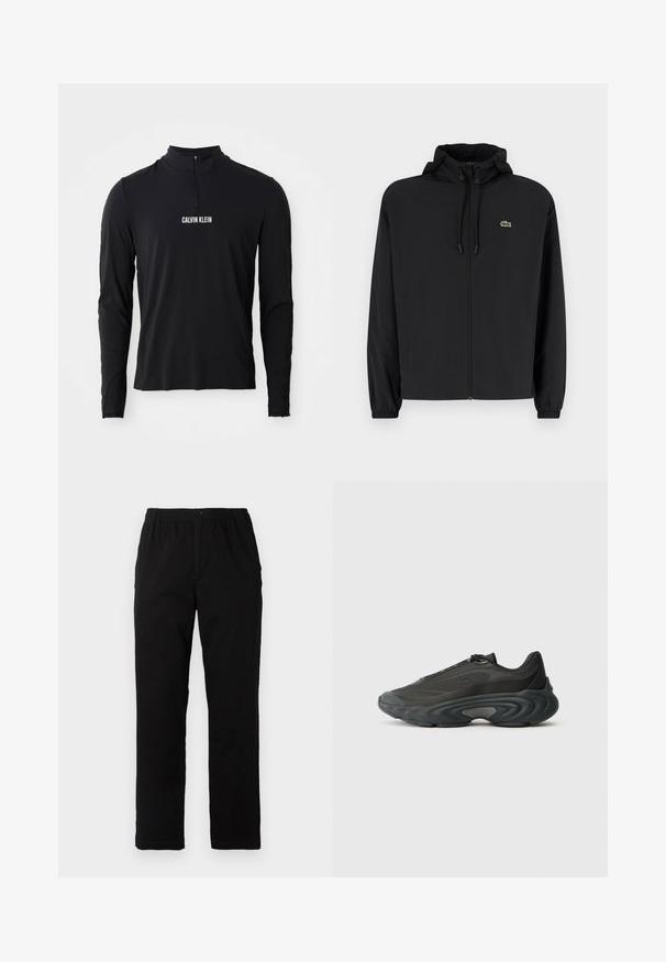 Schwarze Zip-Jacke mit Kapuze, aus leichtem Material hergestellt. Verfügt über elastische Bündchen und ein kleines grünes Logo auf der linken Brust.; Schwarzes Langarmoberteil mit hohem Kragen, ausgestattet mit einem Viertel-Reißverschluss und weißem "CALVIN KLEIN" Logo auf der Vorderseite. Glatter, elastischer Stoff.; Schwarze Hosen aus einem Baumwollmischgewebe, mit geradem Schnitt, elastischem Bund mit Knopf und ohne sichtbare Muster oder Akzente.; Schwarzer Sportschuh mit Mesh- und Synthetik-Obermaterial, schlankem Design, dicker, geschwungener Sohle und strukturierten Akzenten an den Seiten und der Zehenpartie.