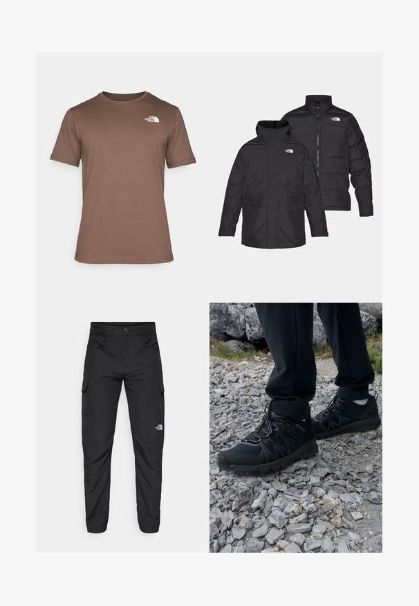 Casaco reversível preto da The North Face com fecho de correr à frente, gola alta e dois bolsos frontais, mostrado em vista frontal e traseira.; The North Face M SS BOX NSE TEE - T-shirt estampada - smokey brown/black; The North Face HORIZON PANT - Calças para exterior - black; Sapatos pretos para exterior, feitos de material em malha e sintético, com um cabedal texturizado, sistema de atilho seguro e uma sola robusta, sobre terreno rochoso.