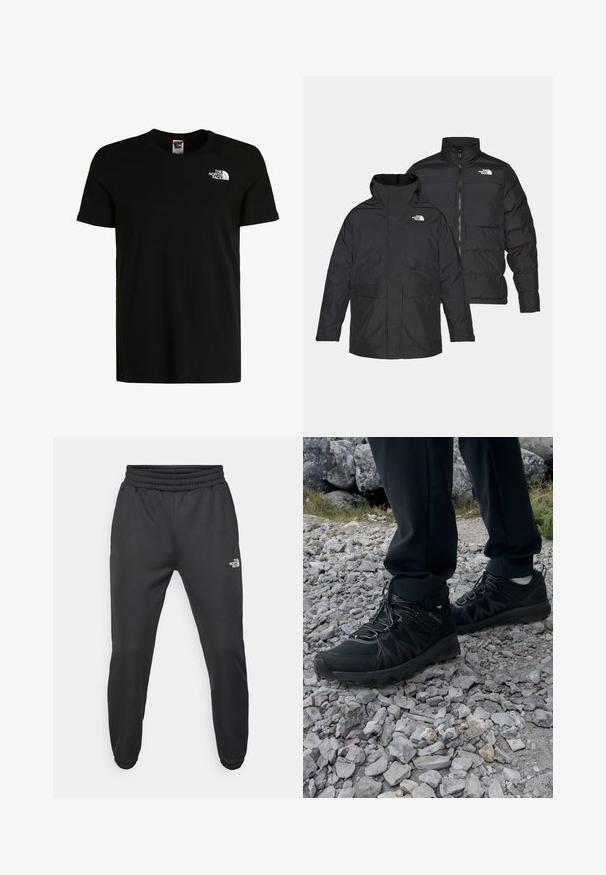 Giacca reversibile nera The North Face con zip frontale, colletto alto e due tasche frontali, mostrata in vista frontale e posteriore.; T-shirt nera a maniche corte in cotone con scollatura a girocollo, con un logo bianco sul lato sinistro del petto. Design semplice e privo di decorazioni.; Pantaloni sportivi neri con vita regolabile tramitecordino, vestibilità affusolata, polsini elasticizzati e un piccolo logo bianco sulla coscia sinistra, realizzati in tessuto morbido.; Scarpe da esterni nere realizzate in mesh e materiale sintetico, con una parte superiore testurizzata, un sistema di allacciatura sicuro e una suola robusta, su terreno roccioso.