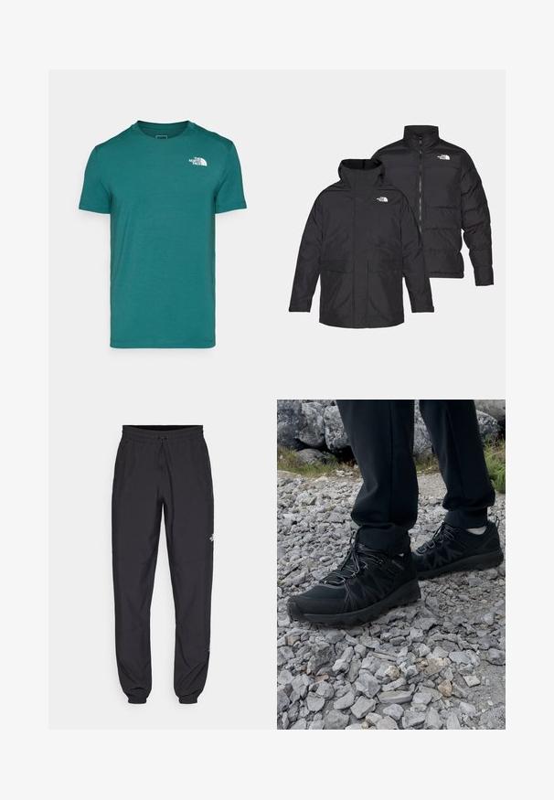 Musta The North Face käännettävä takki, jossa on vetoketju edessä, korkea kaulus ja kaksi etutaskua, esitetty edestä ja takaa.; Teal t-paita lyhyillä hihoilla, joka on valmistettu pehmeästä kankaasta. Siinä on pyöreä kaula-aukko ja valkoinen logo vasemmassa rintataskussa. Sujuva rakenne ja yksinkertainen muotoilu.; Mustat urheiluhousut, jotka on valmistettu kevyestä kankaasta. Housuissa on naru vyötäröllä, sivutaskut ja kapenevat hihnat nilkoissa.; Mustat ulkokengät, joissa on verkko- ja synteettinen materiaali, teksturoitu päällinen, varma nauhoitusjärjestelmä ja kestävä pohja kivikkoisella maastolla.