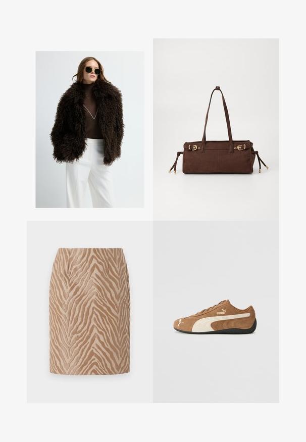 Brązowa kurtka z sztucznego futra o bogatej, teksturowanej powierzchni. W połączeniu z dopasowanym brązowym golfem i białymi spodniami. Ciemne okulary przeciwsłoneczne dopełniają stylizację.; Beżowy sweter z dzianiny z wysokim kołnierzem, półdługim zamkiem błyskawicznym i rękawami z opadającymi ramionami. Posiada ściągacze na dole i przy mankietach.; Beżowa mini spódnica z teksturowanym wzorem w paski zebry w ciemniejszych odcieniach. Posiada gładkie wykończenie i dopasowany krój z frontowymi zakładkami.; Brązowe zamszowe niskie sneakersy z kremowymi akcentami, teksturowana powierzchnia, czarna gumowa podeszwa oraz wyhaftowane logo z boku i na języku.; Brązowa zamszowa torba na ramię z dwoma paskami, złotymi detalami i regulowanymi sznurkami po bokach. Posiada zamek błyskawiczny i gładką fakturę.