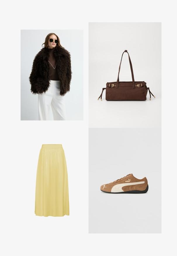 Brązowa kurtka z sztucznego futra o bogatej, teksturowanej powierzchni. W połączeniu z dopasowanym brązowym golfem i białymi spodniami. Ciemne okulary przeciwsłoneczne dopełniają stylizację.; Beżowy sweter z dzianiny z wysokim kołnierzem, półdługim zamkiem błyskawicznym i rękawami z opadającymi ramionami. Posiada ściągacze na dole i przy mankietach.; Żółta spódnica do kostek, wykonana z gładkiego, lekkiego materiału. Posiada elastyczny pasek w talii oraz zwiewny fason z delikatnym połyskiem.; Brązowe zamszowe niskie sneakersy z kremowymi akcentami, teksturowana powierzchnia, czarna gumowa podeszwa oraz wyhaftowane logo z boku i na języku.; Brązowa zamszowa torba na ramię z dwoma paskami, złotymi detalami i regulowanymi sznurkami po bokach. Posiada zamek błyskawiczny i gładką fakturę.