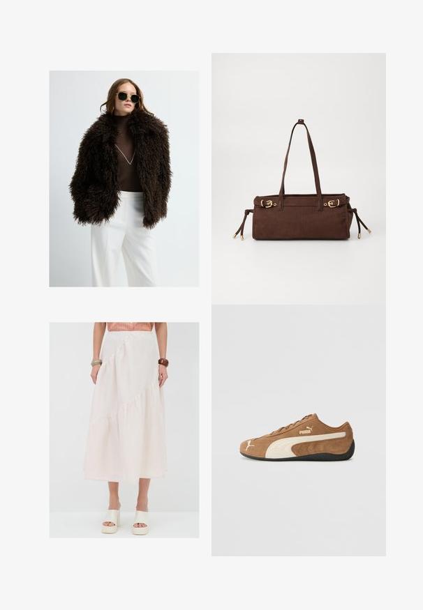 Brun fuskpälsjacka med en voluminös, texturerad yta. Kombineras med en figurnära brun polotröja och vita byxor. Mörka solglasögon kompletterar looken.; Beige stickad tröja med hög krage, halvlång dragkedja och sänkt axel. Har ribbad nederkant och ärmar.; Ljusrosa, ankel-lång kjol med volanglager och diagonala sömmar, tillverkad av mjukt, lättviktigt tyg. Matchad med krämfärgade platåskor.; Bruna mockaskinn låga sneakers med krämfärgade detaljer, texturerad yta, svart gummisula och broderad logotyp på sidan och tungan.; Brun mockaskväska med två axelremmar, detaljer i guldmetall och justerbara sidoknoppar. Har ett dragkedjestängning och en smidig textur.