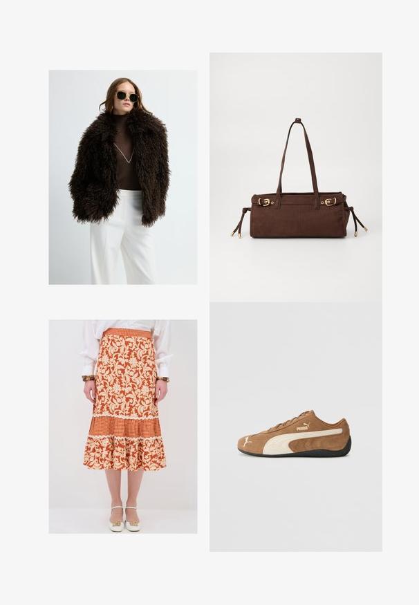 Brun faux fur-jakke med en voluminøs, tekstureret overflade. Matches med en tætsiddende brun rullekrave og hvide bukser. Mørke solbriller fremhæver looket.; Beige strikpullover med høj hals, halv længde lynlås og drop-shoulder ærmer. Har ribbede kanter og manchetter.; Flareret midi nederdel i orange og creme blomsterprint med volangkant, gingham panel og scallopkant. Lavet af letvægtsstof.; Brune ruskind lav-top sneakers med creme accenter, tekstureret overflade, sort gummisål og broderet logo på siden og tungen.; Brun suedetotebag med to skulderremme, guld hardware detaljer og justerbare sideknuder. Har en lynlåslukning og en glat tekstur.