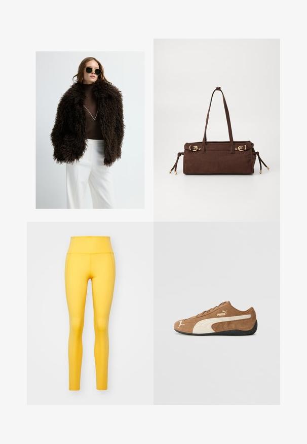 Brun fuskpälsjacka med en voluminös, texturerad yta. Kombineras med en figurnära brun polotröja och vita byxor. Mörka solglasögon kompletterar looken.; Beige stickad tröja med hög krage, halvlång dragkedja och sänkt axel. Har ribbad nederkant och ärmar.; Girlfriend Collective COMPRESSIVE HIGH RISE LEGGING LONG - Tights - golden glow; Bruna mockaskinn låga sneakers med krämfärgade detaljer, texturerad yta, svart gummisula och broderad logotyp på sidan och tungan.; Brun mockaskväska med två axelremmar, detaljer i guldmetall och justerbara sidoknoppar. Har ett dragkedjestängning och en smidig textur.