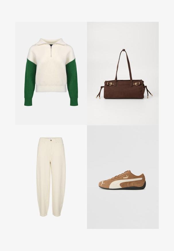 Brązowa kurtka z sztucznego futra o bogatej, teksturowanej powierzchni. W połączeniu z dopasowanym brązowym golfem i białymi spodniami. Ciemne okulary przeciwsłoneczne dopełniają stylizację.; Sweter wełniany z kołnierzem na ćwierć zamka. Kremowy korpus z prążkowanymi zielonymi rękawami. Miękka tekstura, luźny krój, kontrastowe bloki kolorów.; Jasnobeżowe bawełniane spodnie o luźnym kroju, zwężających się nogawkach, przednich kieszeniach i pojedynczym guziku przy pasie.; Brązowe zamszowe niskie sneakersy z kremowymi akcentami, teksturowana powierzchnia, czarna gumowa podeszwa oraz wyhaftowane logo z boku i na języku.; Brązowa zamszowa torba na ramię z dwoma paskami, złotymi detalami i regulowanymi sznurkami po bokach. Posiada zamek błyskawiczny i gładką fakturę.