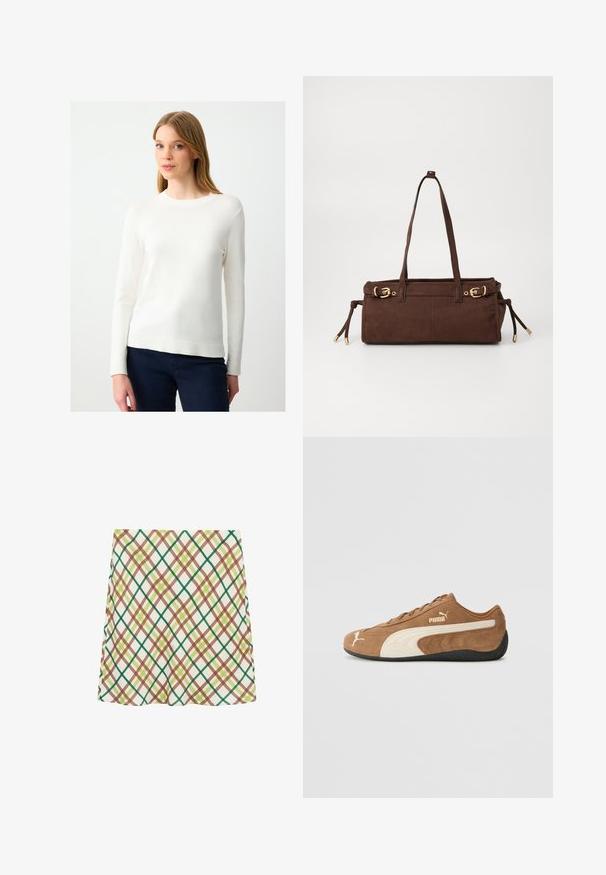 Braune Kunstfelljacke mit einem voluminösen, strukturierten Äußeren. Kombiniert mit einem figurbetonten braunen Rollkragenpullover und weißen Hosen. Dunkle Sonnenbrillen runden den Look ab.; Weißer Pullover mit langen Ärmeln, rundem Halsausschnitt und gerippten Bündchen, der eine glatte Textur und eine figurbetonte Silhouette aufweist.; Weißer A-Linien-Rock mit grün-braun-gelben karierten Kreuzmustern, knielang, auf einem weißen Hintergrund präsentiert.; Braune Wildleder-Low-Top-Sneaker mit cremefarbenen Akzenten, strukturierter Oberfläche, schwarzer Gummisohle und gesticktem Logo an der Seite und Zunge.; Braune Wildleder-Shoppertasche mit zwei Schulterriemen, goldenen Hardware-Akzenten und verstellbaren Seitenbändern. Verfügt über einen Reißverschluss und eine glatte Textur.