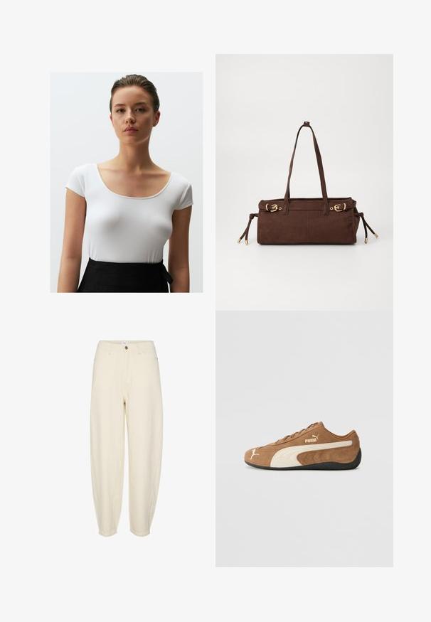 Braune Kunstfelljacke mit einem voluminösen, strukturierten Äußeren. Kombiniert mit einem figurbetonten braunen Rollkragenpullover und weißen Hosen. Dunkle Sonnenbrillen runden den Look ab.; Jimmy Key SLIM FIT SHORT SLEEVED U NECK - T-Shirt basic - white; Helle beigefarbene Baumwollhosen mit entspannter Passform, schmal zulaufenden Beinen, Fronttaschen und einem einzelnen Knopfverschluss an der Taille.; Braune Wildleder-Low-Top-Sneaker mit cremefarbenen Akzenten, strukturierter Oberfläche, schwarzer Gummisohle und gesticktem Logo an der Seite und Zunge.; Braune Wildleder-Shoppertasche mit zwei Schulterriemen, goldenen Hardware-Akzenten und verstellbaren Seitenbändern. Verfügt über einen Reißverschluss und eine glatte Textur.