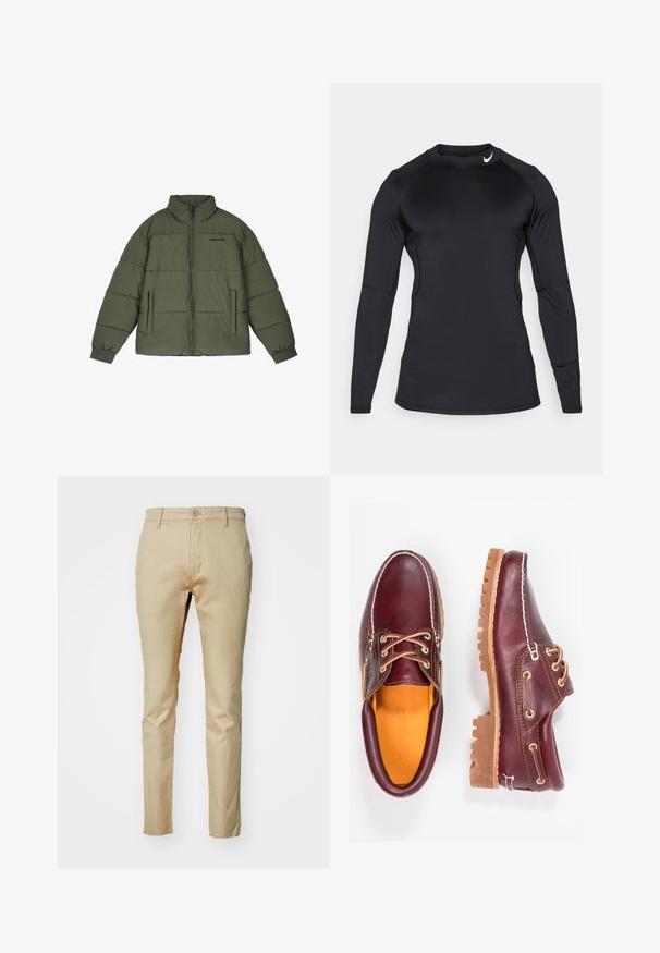 Doudoune vert olive avec un col montant, fermeture éclair sur le devant et deux poches latérales. Présente des panneaux cousus et des poignets côtelés pour plus de chaleur.; T-shirt de sport noir à manches longues, en tissu lisse et extensible, avec un col rond et un logo discret en haut à gauche.; DOCKERS ORIGINAL - Pantalon classique - safari; Chaussures en cuir bourgogne avec semelles en caoutchouc marron, bout rond, couture blanche et œillets dorés. L'intérieur présente une doublure jaune.