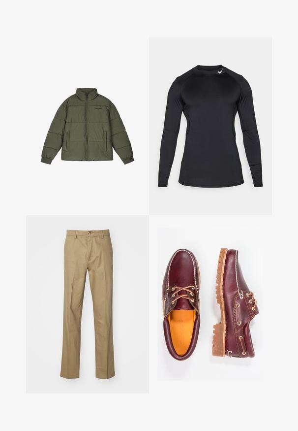 Alyvuogių žalios spalvos pūkinė striukė su aukštu apykakle, priekiniais užtrauktukais ir dviem šoninėmis kišenėmis. Yra siuvinėti intarpai ir banguoti rankogaliai šilumai išlaikyti.; Juodas ilgomis rankovėmis sportinis marškinėliai, pagaminti iš lygaus, elastingo audinio, su apykakle ir diskretišku logotipu viršutiniame kairiajame kampe.; Smėliniai kelnės, pagamintos iš lygios medžiagos. Tiesaus silueto dizainas su mygtuko uždarymu. Turtinga diržo kilpų ir klasikinio kirpimo funkcija užtikrina universalią prigludimą.; Burgundi odiniai bateliai su rudais guminiais padais, apvaliu pirštu, balta siūle ir auksiniais inkarais. Interjere yra geltonas pamušalas.