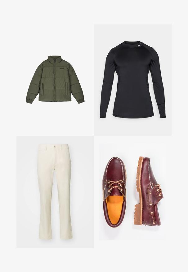 Alyvuogių žalios spalvos pūkinė striukė su aukštu apykakle, priekiniais užtrauktukais ir dviem šoninėmis kišenėmis. Yra siuvinėti intarpai ir banguoti rankogaliai šilumai išlaikyti.; Juodas ilgomis rankovėmis sportinis marškinėliai, pagaminti iš lygaus, elastingo audinio, su apykakle ir diskretišku logotipu viršutiniame kairiajame kampe.; Bežinės medvilninės kelnės su tiesiu kojų siluetu, turinčios mygtuko užsegimą ir šoninius kišenės. Lygus audinys ir paprastas stilius.; Burgundi odiniai bateliai su rudais guminiais padais, apvaliu pirštu, balta siūle ir auksiniais inkarais. Interjere yra geltonas pamušalas.